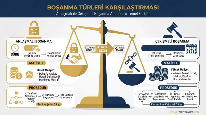 Anlaşmalı ve çekişmeli boşanma davası farkları karşılaştırma tablosu görseli