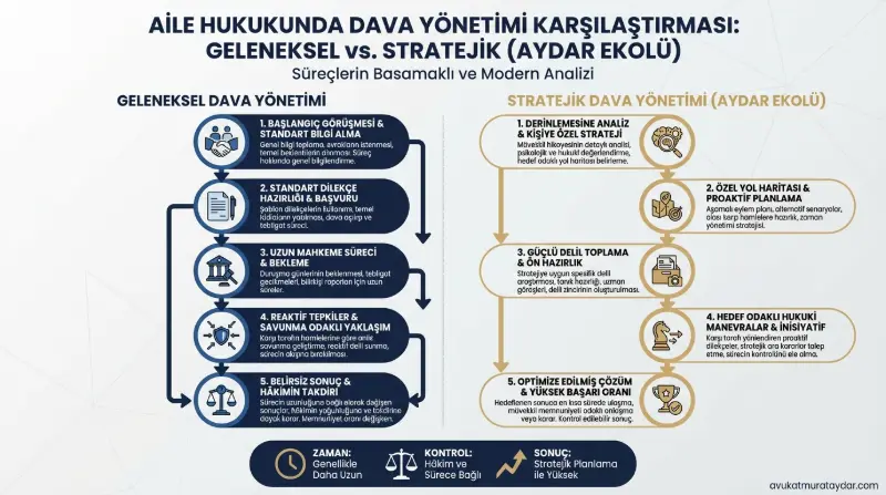 Geleneksel boşanma avukatlığı ile stratejik boşanma dava yönetimi süreçlerinin karşılaştırmalı infografiği