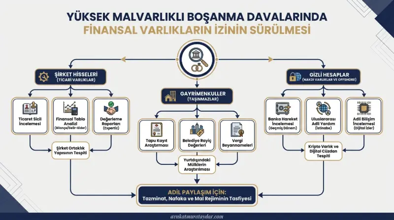 Boşanma davalarında mal kaçırmayı önlemek için finansal varlık iz sürme şeması ve kavram haritası