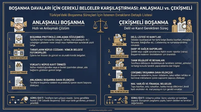 Anlaşmalı ve Çekişmeli Boşanma Davaları İçin Gerekli Evraklar ve Belgeler Karşılaştırma Tablosu İnfografiği