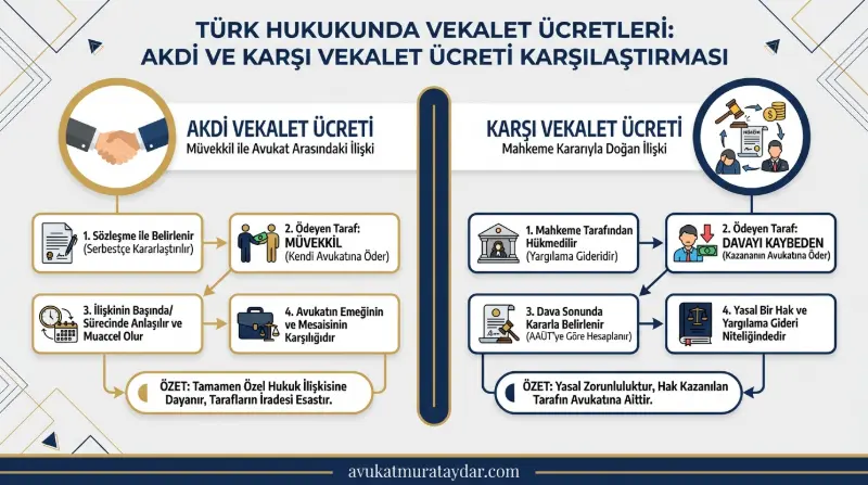 Avukatlık ücreti türleri ve karşı vekalet ücreti açıklayıcı görsel