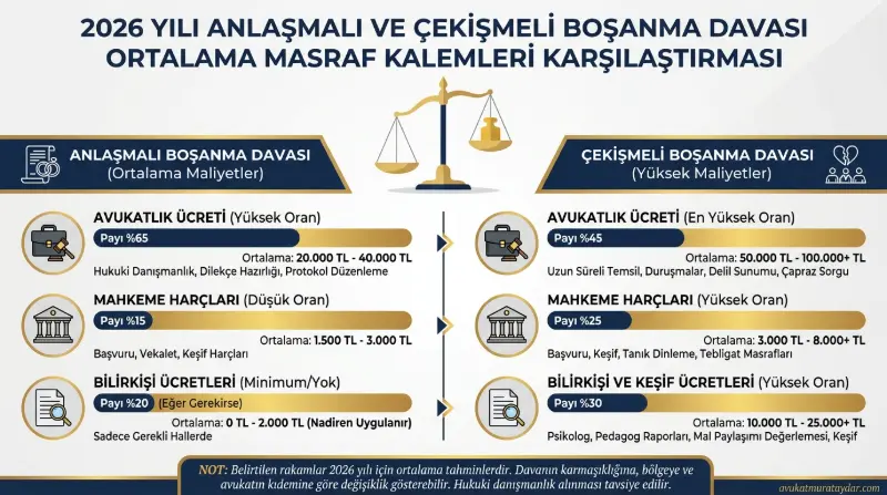 2026 yılı boşanma davası masrafları ve avukatlık ücretleri karşılaştırma tablosu