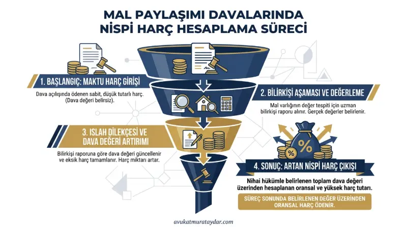 Mal paylaşımı davasında nispi harç ve bilirkişi masrafı hesaplama süreci