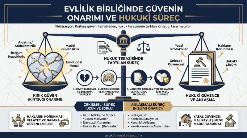 Boşanma sürecinde evliliği kurtarma çabalarının hukuki sonuçlarını temsil eden görsel