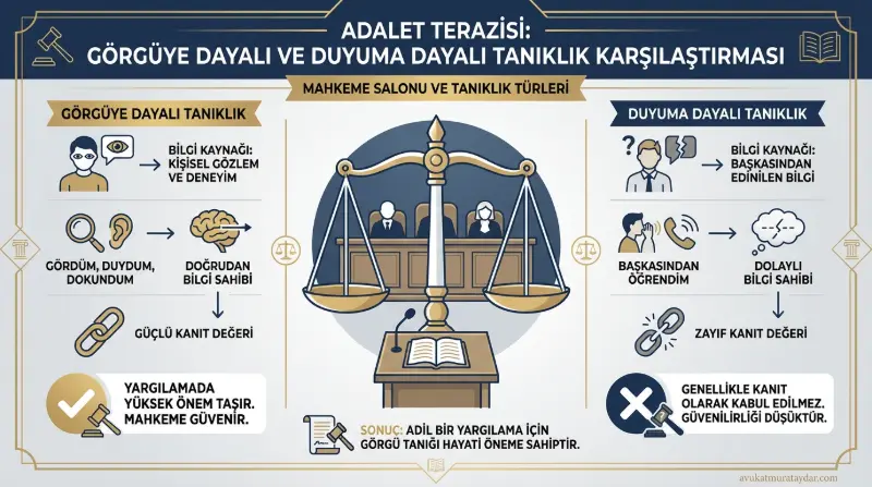 Boşanma davalarında görgüye dayalı tanıklık ve duyuma dayalı tanıklık kavramlarını anlatan görsel