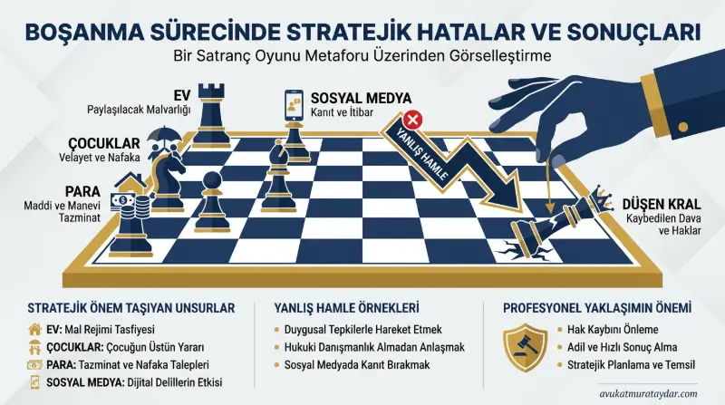 Boşanma sürecinde yapılan hataların satranç tahtasında stratejik kayıplara yol açtığını gösteren infografik.