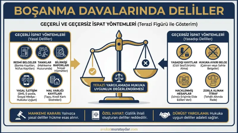 Boşanmada hakaret ve geçimsizlik iddialarında hukuka uygun ve hukuka aykırı delillerin karşılaştırmalı tablosu