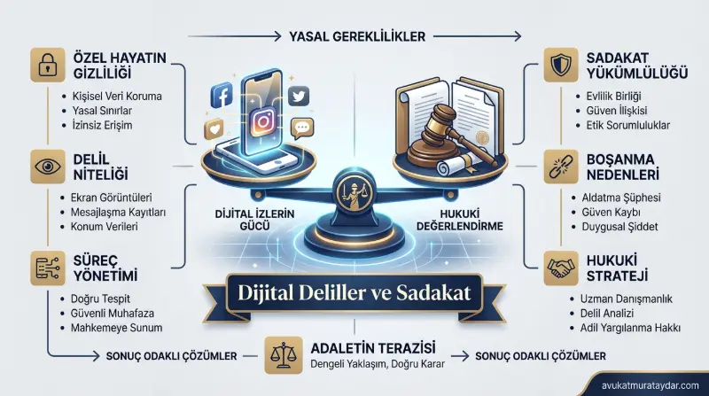 Boşanma davasında dijital delillerin ve sosyal medya mesajlarının adalet terazisindeki yerini gösteren illüstrasyon