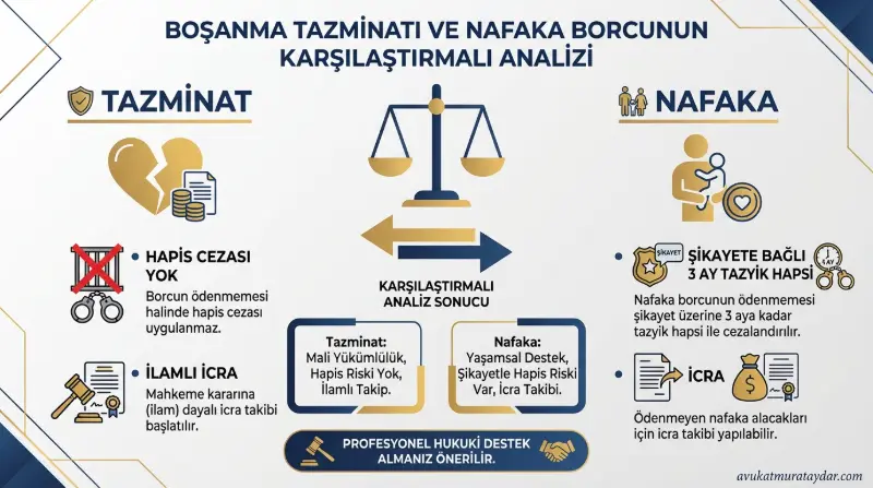 Boşanma tazminatı ve nafaka borcu arasındaki hapis cezası farkları tablosu