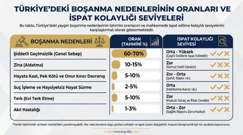 Boşanma sebepleri ve ispat kolaylığı derecelerini gösteren infografik