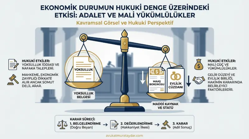 Yoksulluk nafakası ile maaş geliri dengesini gösteren hukuki illüstrasyon