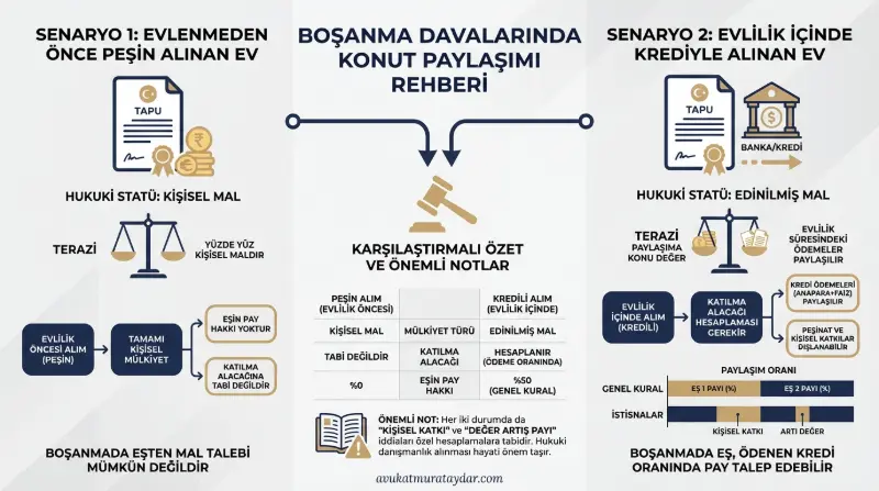 Evlilik öncesi peşin ve kredili alınan evlerin boşanmada paylaşım tablosu