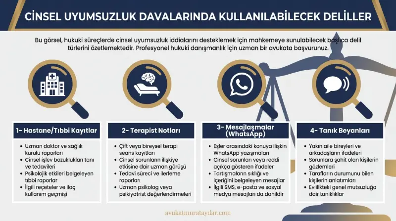 Cinsel uyumsuzluk ve isteksizlik davalarında mahkemeye sunulabilecek geçerli hukuki deliller listesi