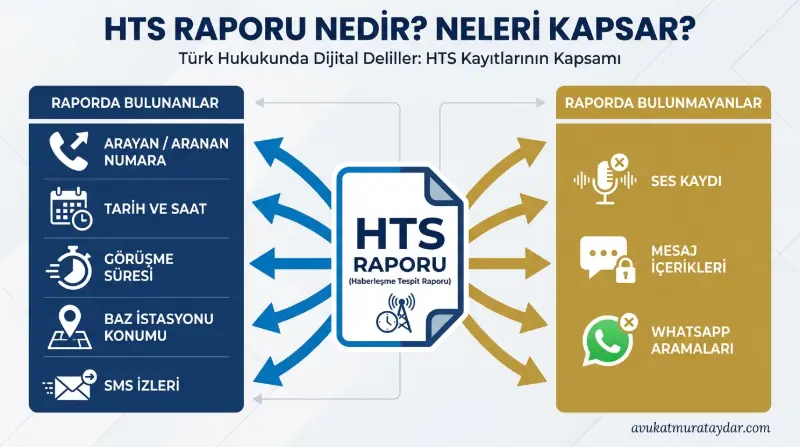 HTS kaydı raporunda bulunan ve bulunmayan bilgileri gösteren tablo infografiği