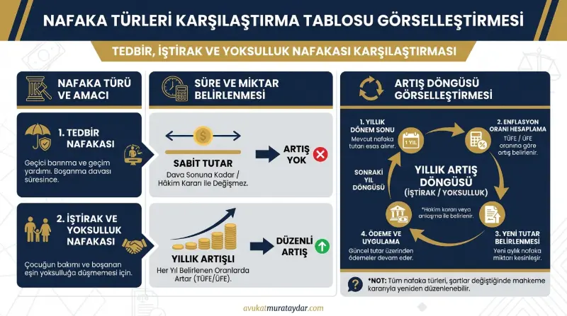 Tedbir, iştirak ve yoksulluk nafakası artış farklarını gösteren şema