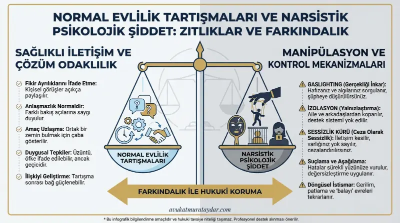 Normal evlilik çatışması ve narsistik psikolojik şiddet farklılıkları infografiği