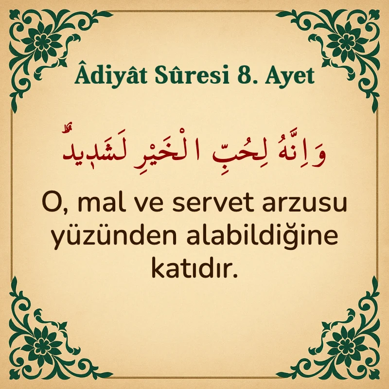Adiyat Suresi 8. Ayet Arapça ve Türkçe meali