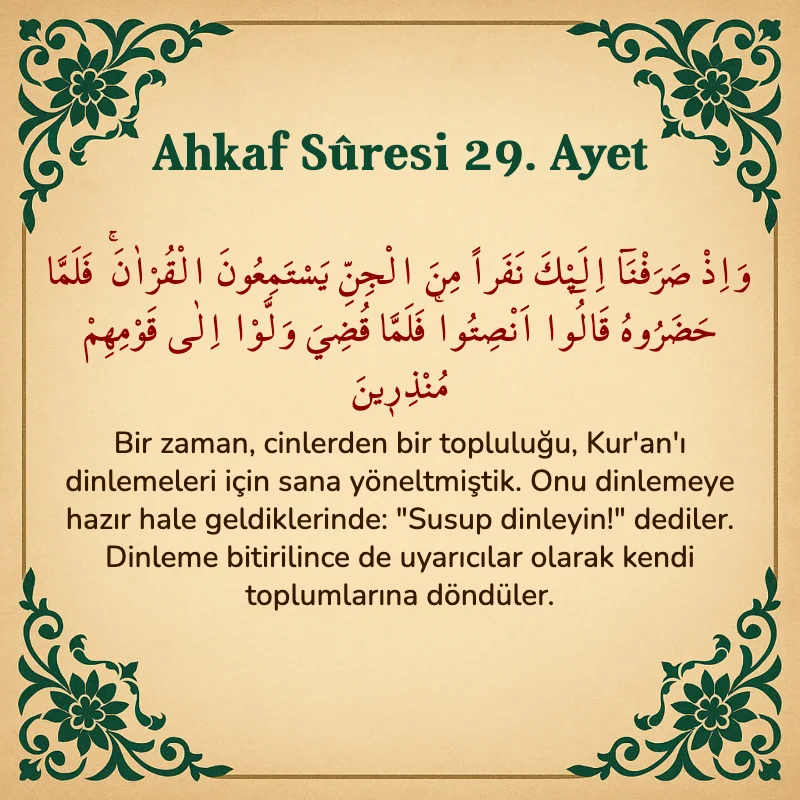 Ahkaf Suresi 29. Ayet Arapça ve Türkçe meali