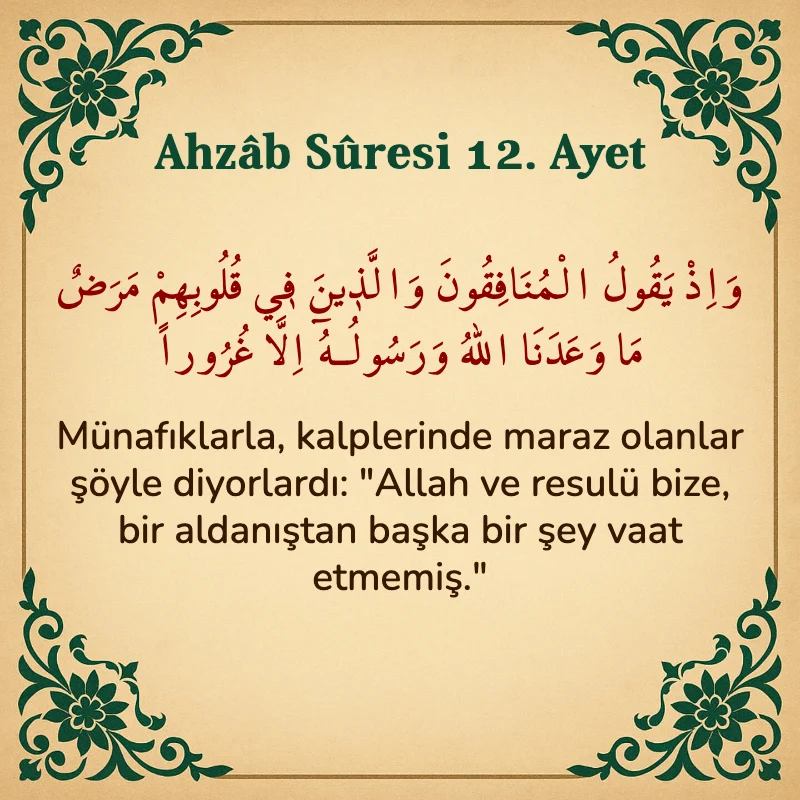 Ahzab Suresi 12. Ayet Arapça ve Türkçe meali