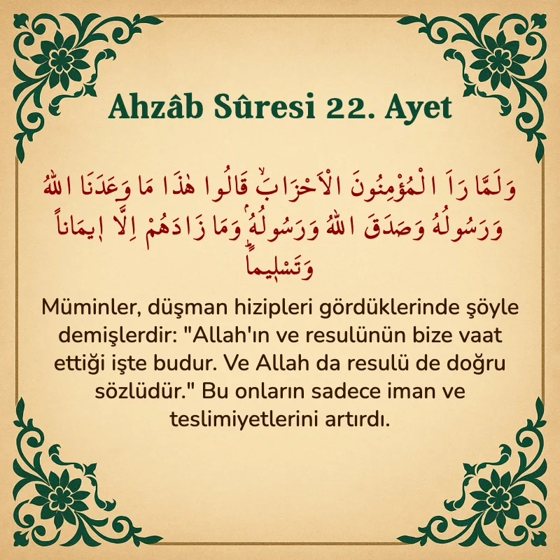 Ahzab Suresi 22. Ayet Arapça ve Türkçe meali