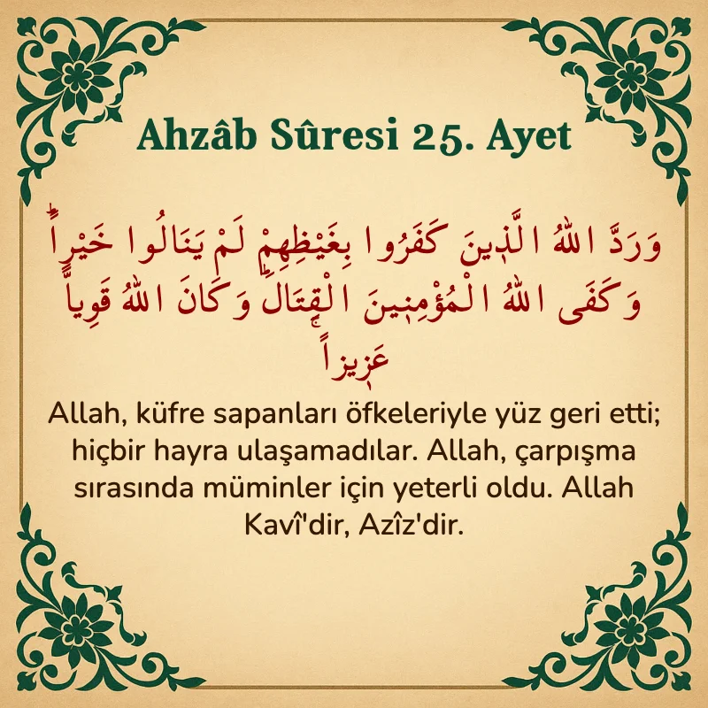 Ahzab Suresi 25. Ayet Arapça ve Türkçe meali