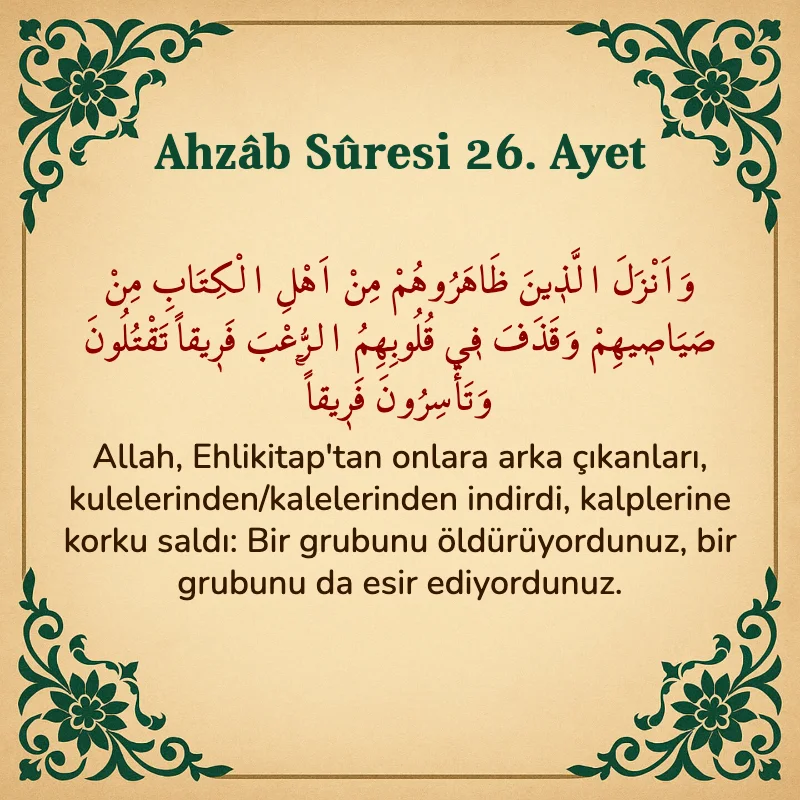 Ahzab Suresi 26. Ayet Arapça ve Türkçe meali