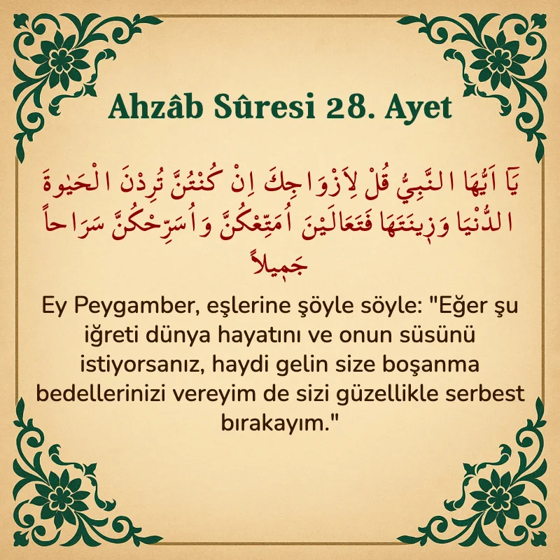 Ahzab Suresi 28. Ayet Arapça ve Türkçe meali