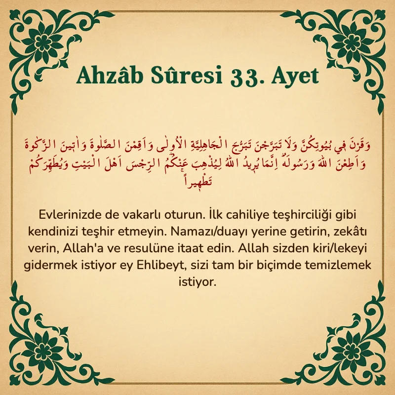 Ahzab Suresi 33. Ayet Arapça ve Türkçe meali