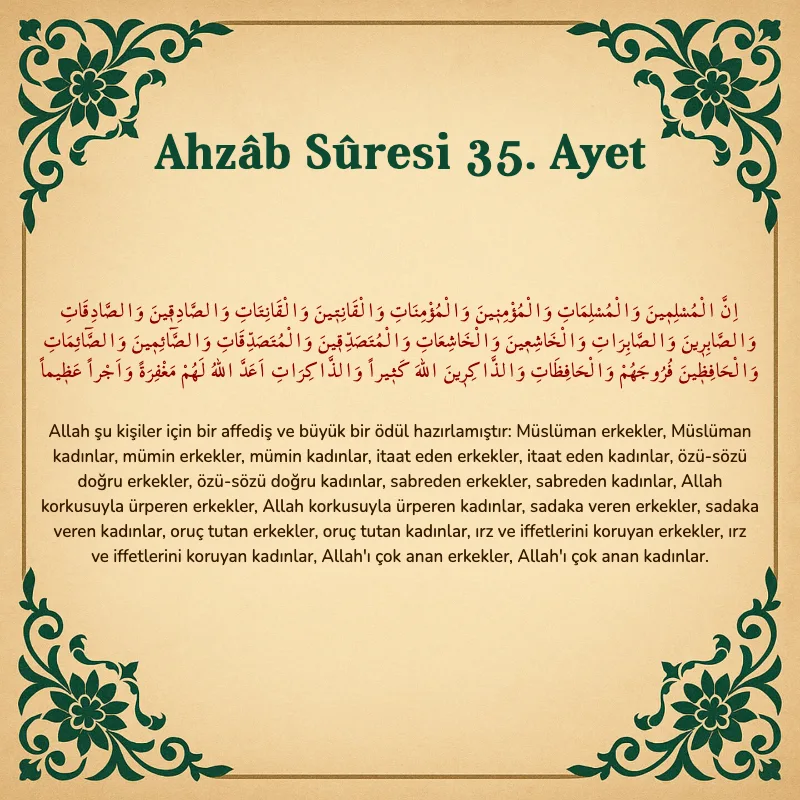 Ahzab Suresi 35. Ayet Arapça ve Türkçe meali