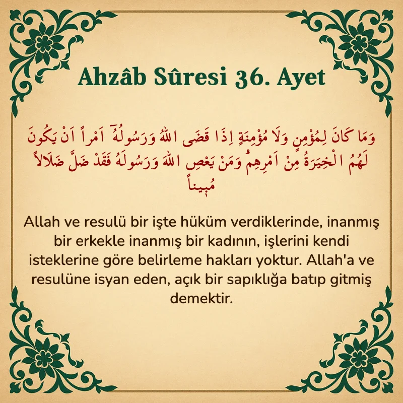 Ahzab Suresi 36. Ayet Arapça ve Türkçe meali