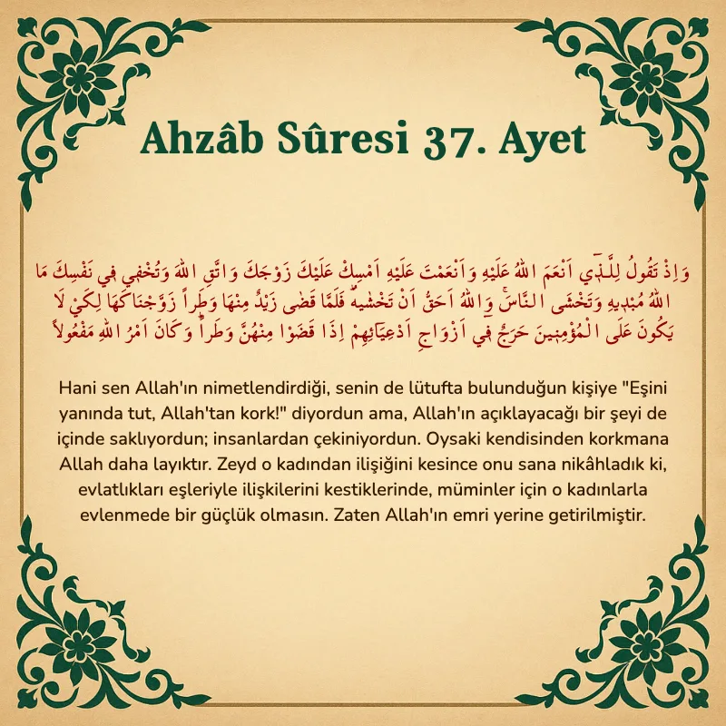 Ahzab Suresi 37. Ayet Arapça ve Türkçe meali