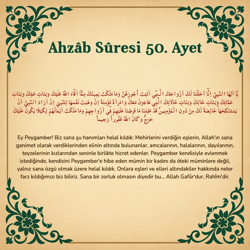 Ahzab Suresi 50. Ayet Arapça ve Türkçe meali