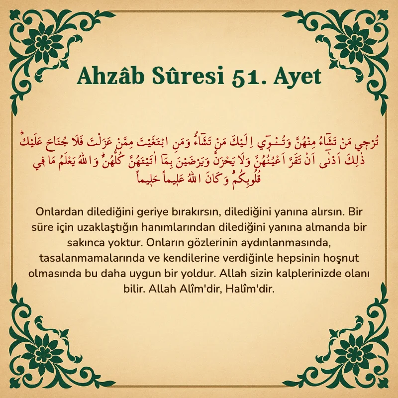 Ahzab Suresi 51. Ayet Arapça ve Türkçe meali