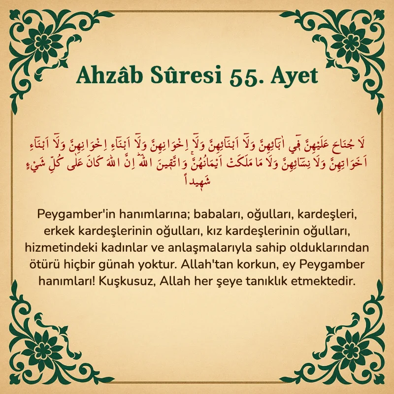 Ahzab Suresi 55. Ayet Arapça ve Türkçe meali