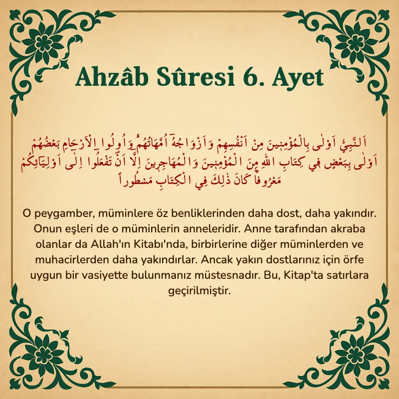 Ahzab Suresi 6. Ayet Arapça ve Türkçe meali