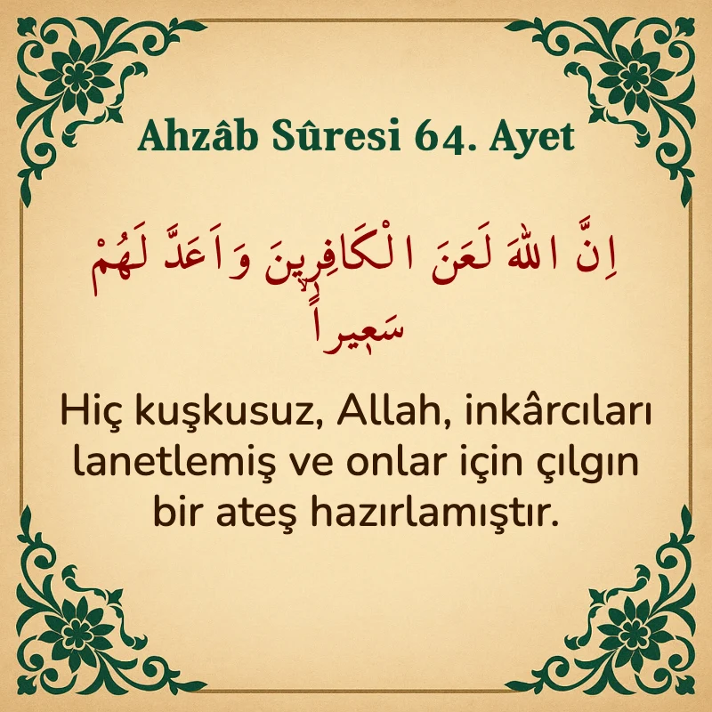 Ahzab Suresi 64. Ayet Arapça ve Türkçe meali