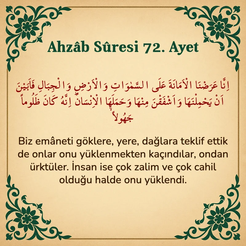 Ahzab Suresi 72. Ayet Arapça ve Türkçe meali