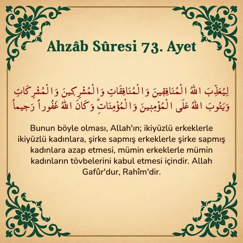 Ahzab Suresi 73. Ayet Arapça ve Türkçe meali