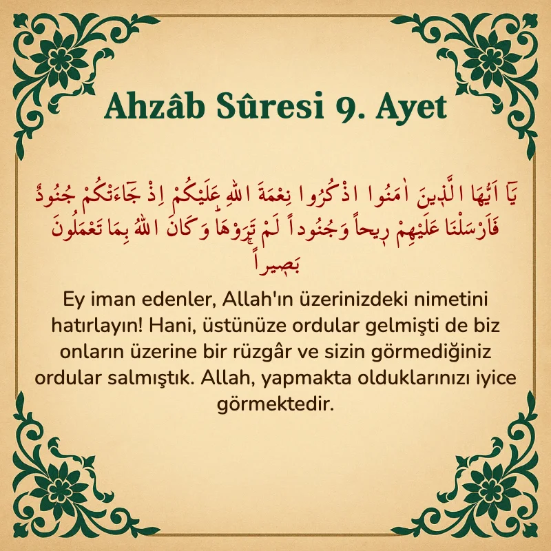 Ahzab Suresi 9. Ayet Arapça ve Türkçe meali