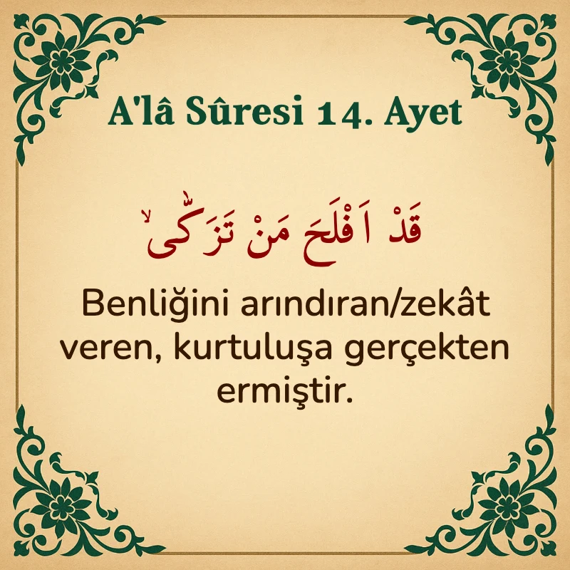 Ala Suresi 14. Ayet Arapça ve Türkçe meali