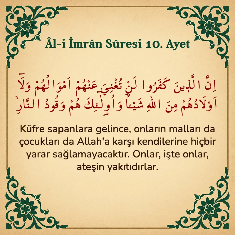 Âl-i İmrân Sûresi 10. Ayet Arapça ve Türkçe meali