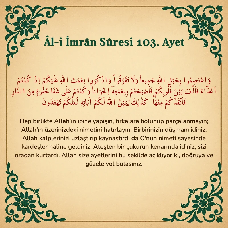 Âl-i İmrân Sûresi 103. Ayet Arapça ve Türkçe meali