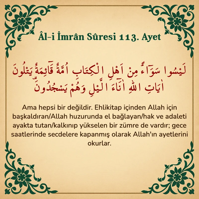 Âl-i İmrân Sûresi 113. Ayet Arapça ve Türkçe meali