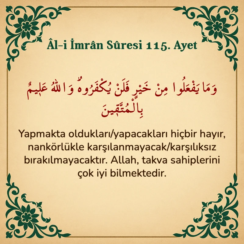 Âl-i İmrân Sûresi 115. Ayet Arapça ve Türkçe meali