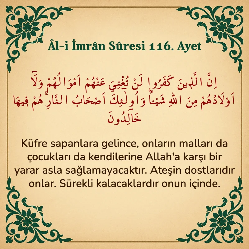 Âl-i İmrân Sûresi 116. Ayet Arapça ve Türkçe meali
