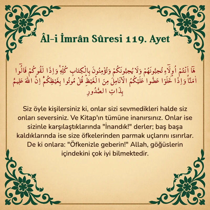 Âl-i İmrân Sûresi 119. Ayet  Arapça ve Türkçe meali