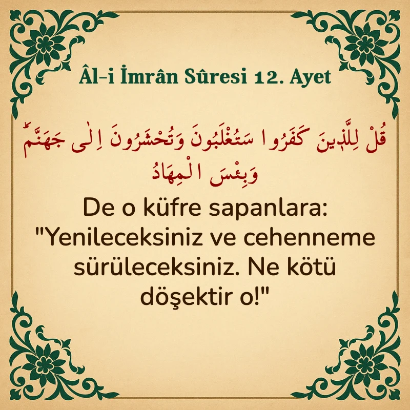 Âl-i İmrân Sûresi 12. Ayet Arapça ve Türkçe meali