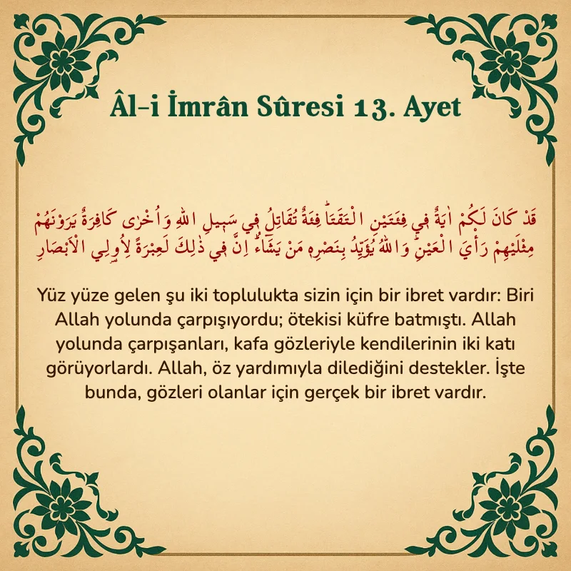 Âl-i İmrân Sûresi 13. Ayet  Arapça ve Türkçe meali