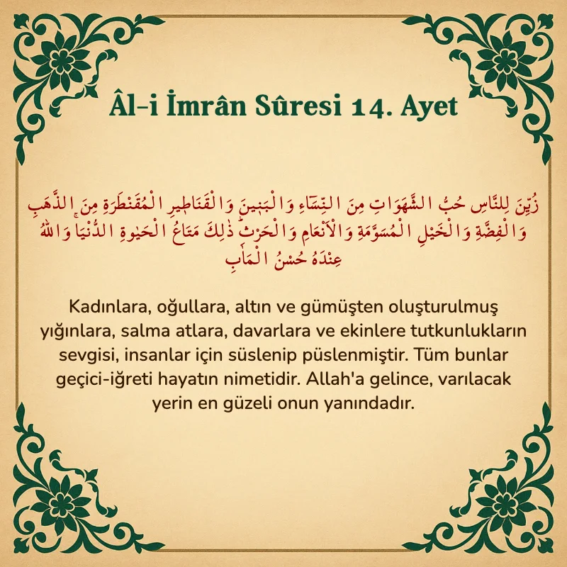 Âl-i İmrân Sûresi 14. Ayet Arapça ve Türkçe meali