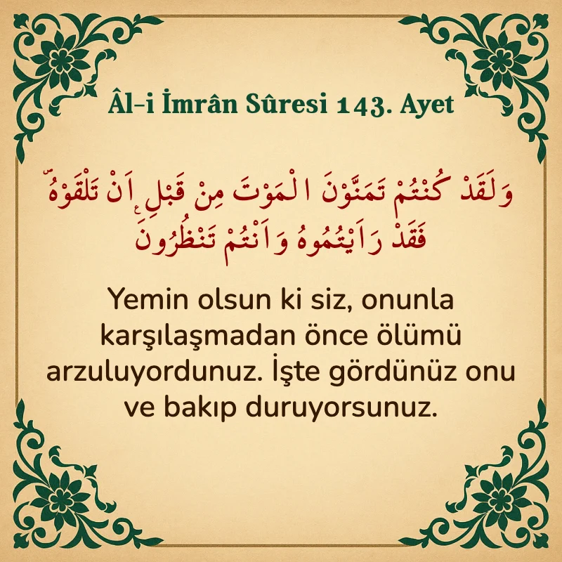 Âl-i İmrân Sûresi 143. Ayet Arapça ve Türkçe meali